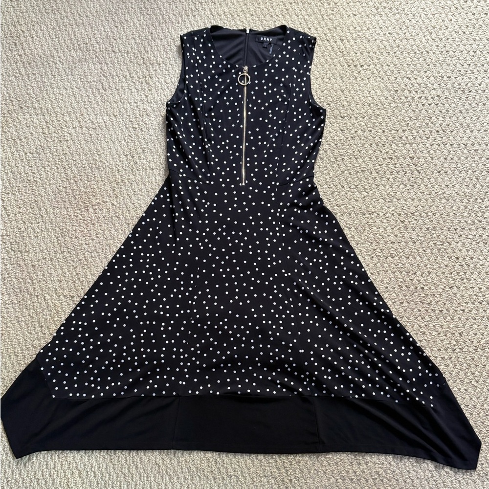 DKNY Black Asymmetrical Dress with White Dots